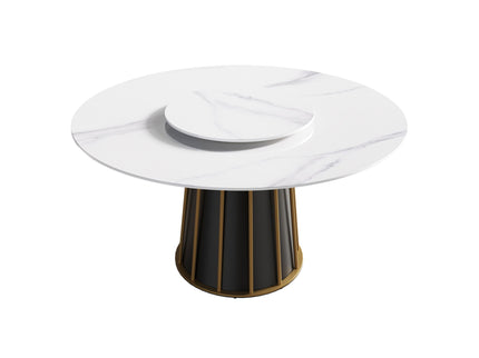 53.15" Modern Artificial Stone Round Panel Metal Iron Base Dining Table, Can Accommodate 6 People-23.62" Artificial Stone Turntable (Not Including Chairs) - White / Black