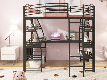 Loft Bed With 4 Layers Of Shelves And L-Shaped Desk, Stylish Metal Frame Bed With A Set Of Sockets, USB Ports And And Wireless Charging