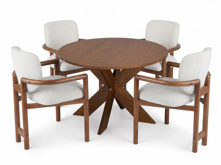 5 Piece Indoor Dining Set, Round Table & 4 Brown Arm Chairs - Beige / Brown / Cherry