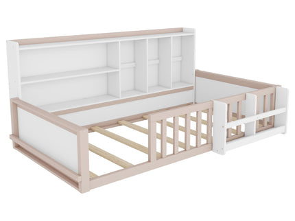 Platform Bed Frame With Guardrail, Storage Shelves & Bookshelf