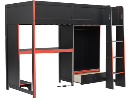 Gaming Loft Bed With Built In Desk, Wardrobe, LED Lighting And Drawer