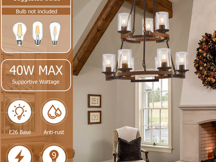 Wagon Wheel Chandelier, Ceiling Light With Adjustable Height - Black / Brown