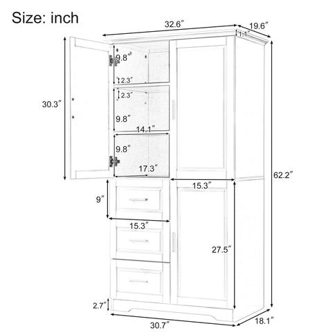 Tall And Wide Storage Cabinet With Doors, 3 Drawers