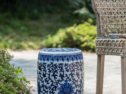 Ceramic Garden Stool, Small Side Tabel - White / Blue