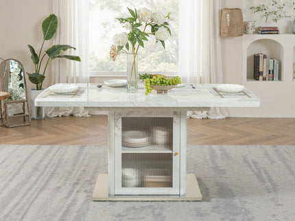 Modern Rectangle Dining Table With Stretchable Top, Storage Cabinet