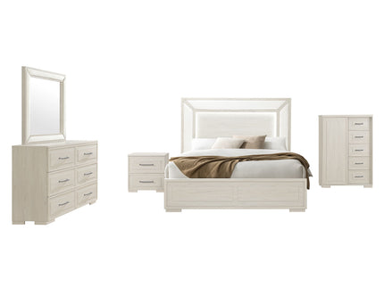 Ciara - King 5 Piece Bedroom Set With LED Lighting, Clean Lines And Upholstered Mirror - Beige