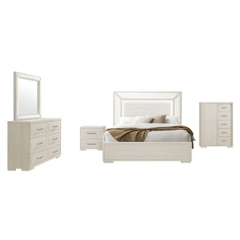 Ciara - King 5 Piece Bedroom Set With LED Lighting, Clean Lines And Upholstered Mirror - Beige