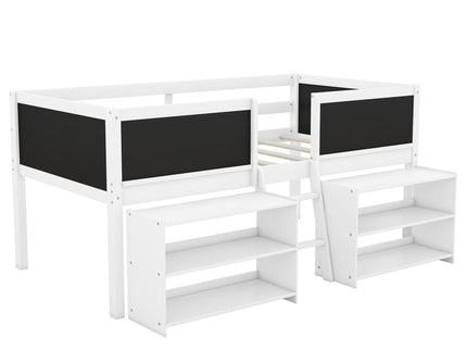 Low Loft Bed With Movable Shelves And Ladder, Decorative Chalkboard Guardrail