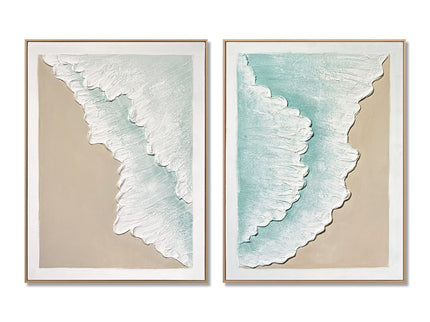 Framed Ocean Wave Wall Art, Textured Canvas Painting, Beach Decor For Living Room (Set of 2) - Aqua Blue