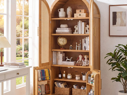 Tall Arched Cabinet With Rattan Doors & Adjustable Shelves