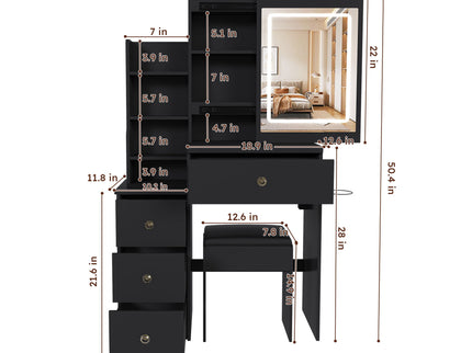 Vanity Desk With 3 LED Lighting Modes, 4 Drawers, Open Shelves, Hair Dryer Holder & Power Socket Dressing Table Set With Chair - Black