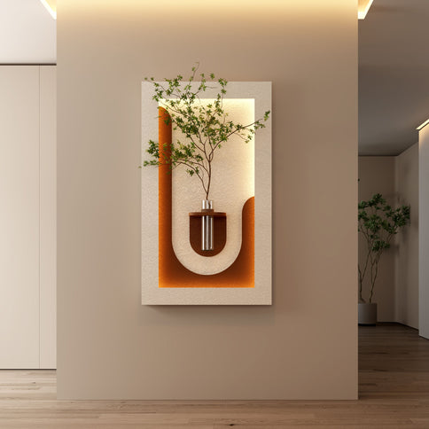 Adjustable 3 Color LED Sandstone Wall Decor With Simulated Plants, Vase & Rabbit Statue - Light Coffee