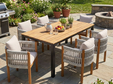 7 Piece Outdoor Dining Set With Table And Chairs - Beige / Teak / White