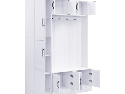 Tall Hall Tree With Shoe Storage, 4 In 1 Entryway Bench With 6 Cabinets, 4 Coat Hooks & Adjustable Shelf For Hallway - White