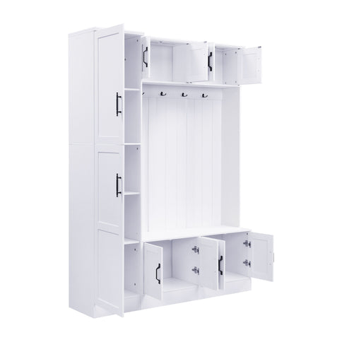 Tall Hall Tree With Shoe Storage, 4 In 1 Entryway Bench With 6 Cabinets, 4 Coat Hooks & Adjustable Shelf For Hallway - White