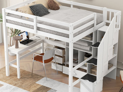 Loft Bed & L Shaped Desk, Drawers, Cabinet, And Storage Staircase