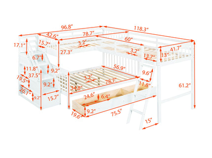 Solid L Shaped Bunk Bed With 3 Drawers, Ladder And Staircase