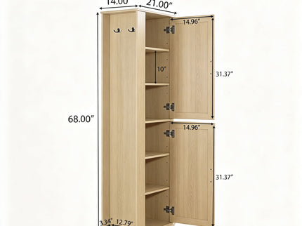 Tall Freestanding Bathroom Storage Cabinet With Adjustable Shelves And Side Hooks