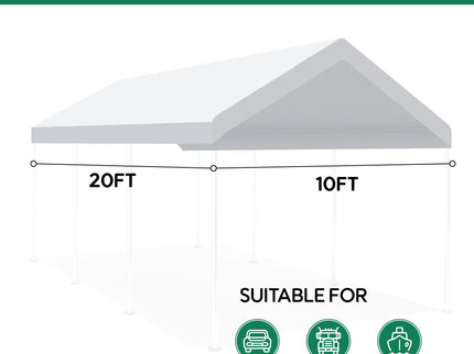 10 X 20 Ft Carport Canopy Cover Replacement Heavy Duty Waterproof Fabric With 36 Bungee Cords UV & Tear Resistant (Cover Only) - White