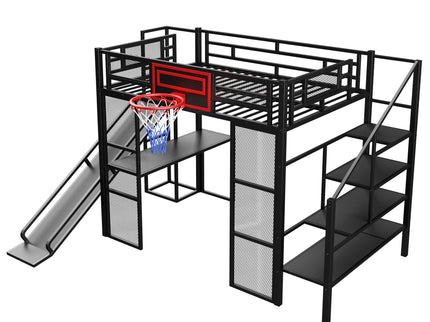 Loft Bed With Built In Desk, Open Wardrobe, Basketball Hoop, Slide And Staircase