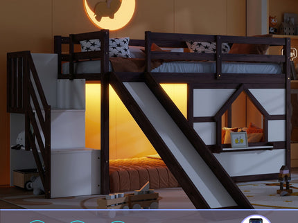 Loft Bed With Storage Stairs, Slide, Playhouse Window And 7 Colors LED Lights