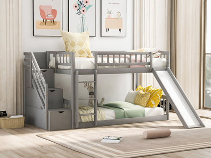 Twin Over Twin Bunk Stairway Bed With 2 Drawers And Slide - Gray