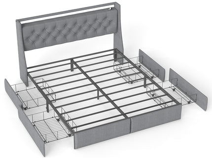 Platform Bed Frame With RGB LED Lights, Charging Station, Storage Headboard & 4 Underbed Drawers