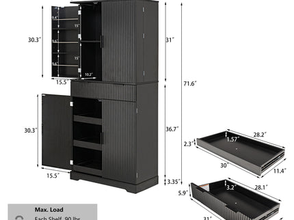 Fluted Kitchen Pantry Cabinet With 3 Keyboard Drawers & 6 Adjustable Door Shelves
