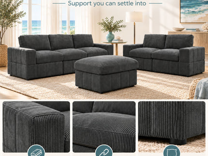 Oversized Modular Sectional Sofa Set With Loveseat & Ottoman, 6 Piece Living Room Furniture - Dark Gray