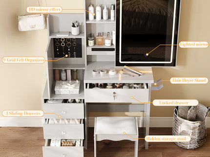 Vanity Desk Set With Sliding Lighted Mirror, 4 Drawer Makeup Dressing Table With 9 Storage Spaces, Hidden Compartments & Cushioned Stool, Beauty Furniture For Bedroom - White