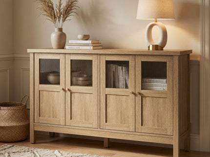 Buffet Cabinet With 4 Doors, Adjustable Shelves Handles - Natural