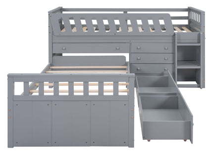 Loft Platform Bed With 7 Drawers And Full Guardrails, Modern L Shaped Space Savin