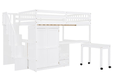 Loft Bed With Stairs, Bookshelf, Drawers, Desk & Wardrobe, Space Saving Multifunctional Furniture
