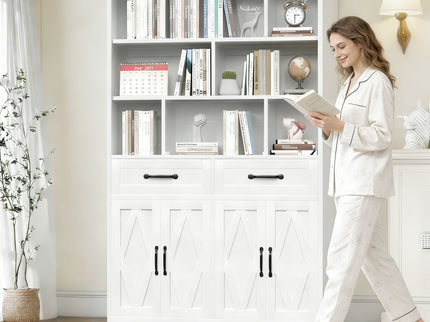 Bookcase Tall With 2 Doors & 2 Drawers, Fixed Open Shelves - White