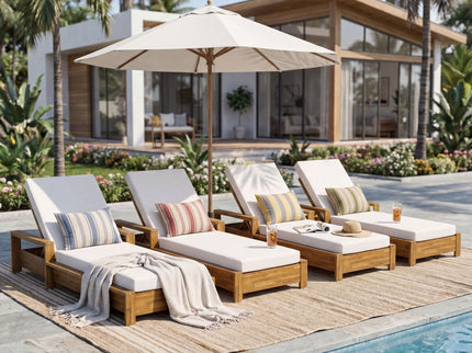 Chaise Lounge Set With 3 Position Adjustable Backrest, 2 Fold Cushion, Outdoor Recliner For Patio - Cream / Teak