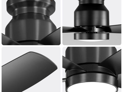 Flush Mount Ceiling Fan With LED Light 22W And Remote Control Blades For Indoor Use - Black