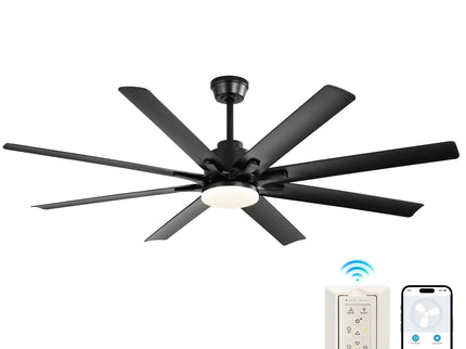 Smart Ceiling Fan With 8 Blades, Voice Remote Control, 6 Wind Speeds, Reversible DC Motor, 3 Color Lighting - Black