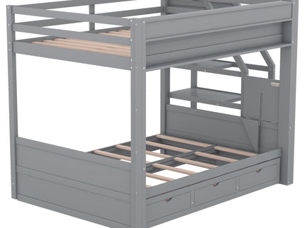 Wood Full Size Convertible Bunk Bed With Storage Staircase, Bedside Table, And 3 Drawers - Gray