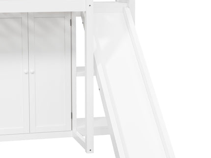 Twin Size Loft Bed With Wardrobe, Storage Shelves, Slide And LED - White