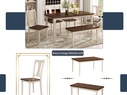 6 Piece Dining Set Classic Wooden Table And 4 Chairs With Bench For Kitchen Dining Room - Brown / Cottage White