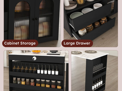 Retro Kitchen Island Set With Chairs, Extendable & Rotating Table, 4 Drawers & Door Cabinets