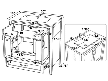 Elegant Fluted Bathroom Vanity With Sink, Soft Close Doors & Drawer