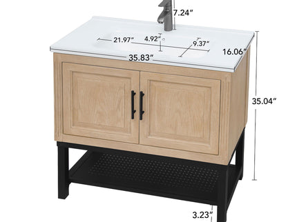 Modern Freestanding Bathroom Vanity With Ceramic Sink, Hot And Cold Faucet, Storage Cabinet & Open Shelf