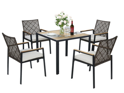 5 Piece Patio Dining Table Set, Acacia Wood Table Top With Umbrella Hole
