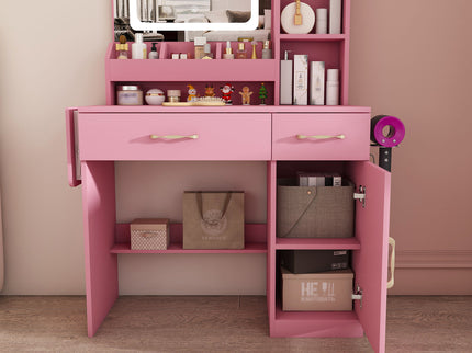 Vanity Desk With LED Mirror Lights And Power Outlet Charging Station, 3 Drawers, 7 Shelves, Storage Stool - Pink