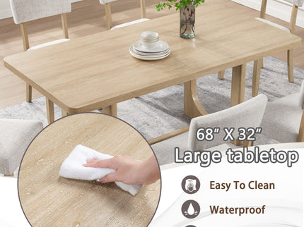 7 Piece Dining Table Set For 6, Rectangular Table & 6 Upholstered Chairs, Sturdy U - Shaped Base For Dining Room - Light Oak