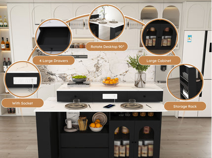 Kitchen Island With Extendable Rotating Table, 4 Drawers & Glass Door Cabinets, Built In Socket - Black