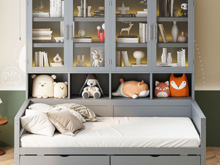 Daybed With Glass Door Storage Cabinets, Built In LED Lighting And Shelves