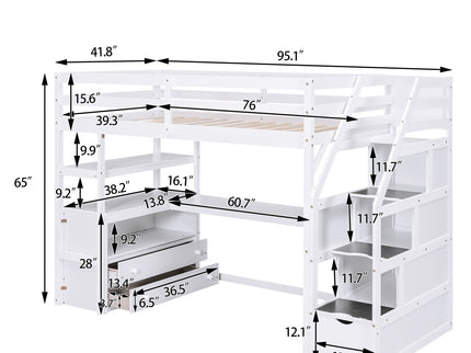 Loft Bed With Desk, Shelves, 2 Drawers, Storage Staircase