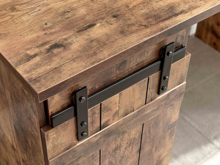 Home Office Desk One Cabinet Three Shelves Faux Barn Door On Metal Euro Hinges Modesty Panel - Distressed Wood